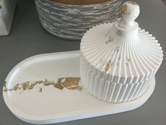White and gold oval tray and jar